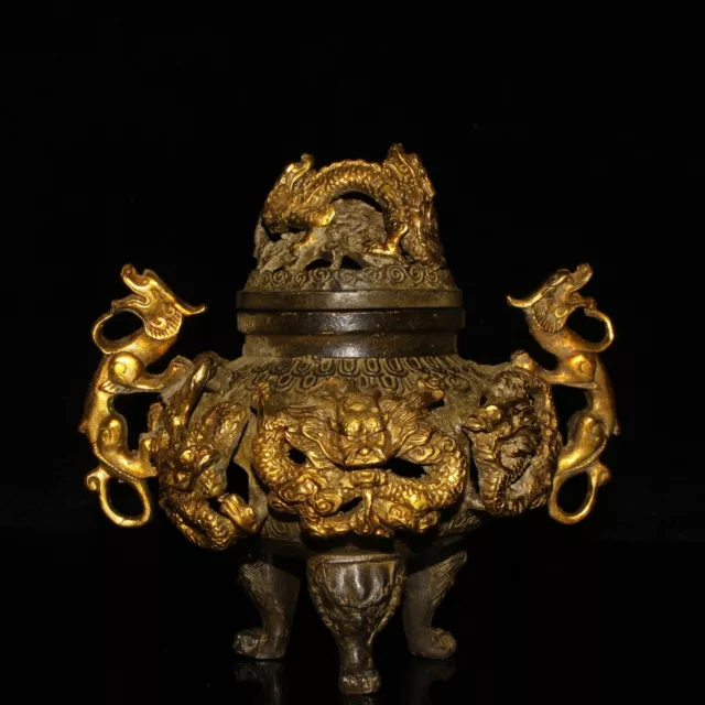 Chinese Rare Old copper handmade Gilded Dragon incense burner Xuande Year