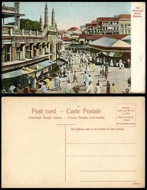 India Vintage Colour Postcard Old Hunuman Street Scene, Bombay, Shops Shopfronts