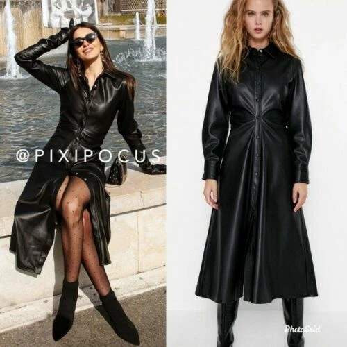 ZARA BLACK FAUX Leather Flowy Gathered Detail Black Midi Dress S Bloggers  Fave 132.75 - PicClick UK
