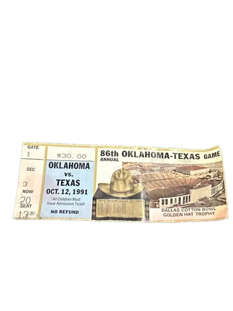 1991 Oklahoma Sooners Texas Longhorns Football Ticket Stub Cotton Bowl Dallas
