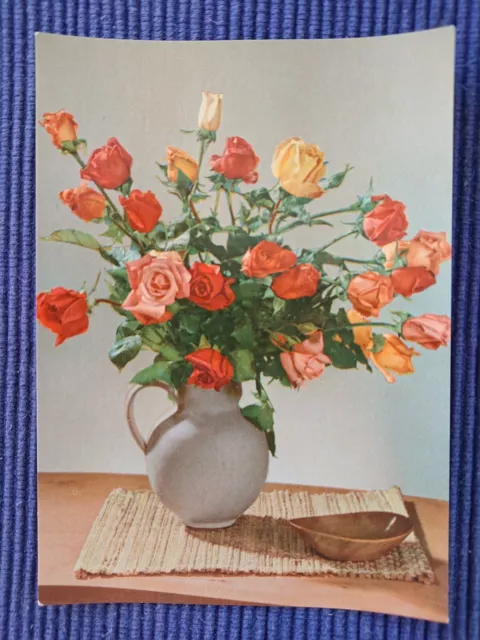 Antiguo Tarjeta Postal Postales Ak Ramo Florero de Cerámica 50er Rosas Flores