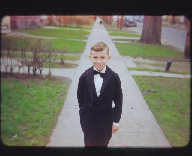 1950 Kodachrome Slide Red Border Young Boy Is Black Suit & Bow Tie /Tuxedo #2