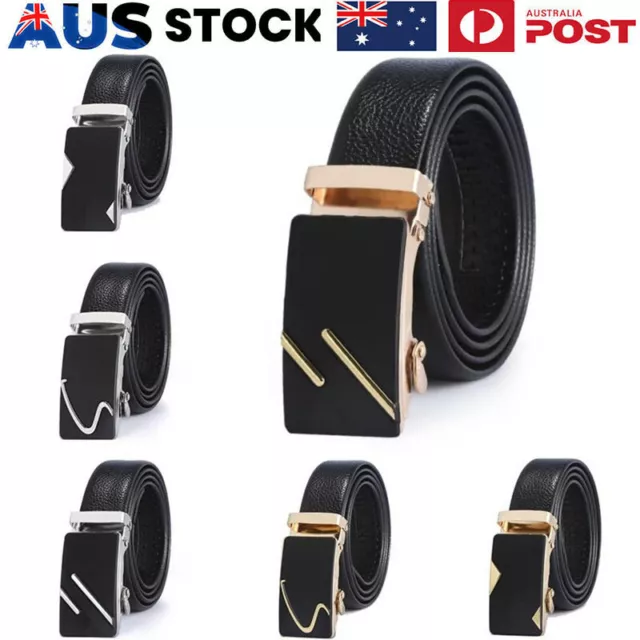 Fashion Mens Genuine Leather Ratchet Belt Automatic Buckle Waistband Waist Strap