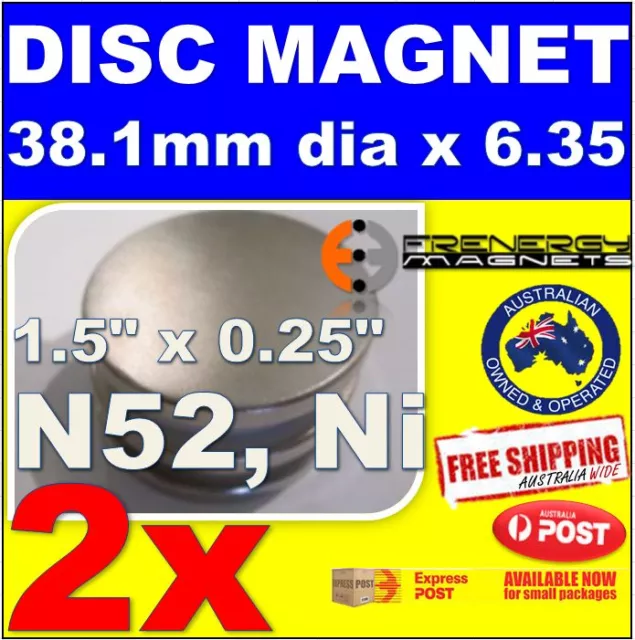 2 x Strong Neodymium Disc Magnets | 38.1mm x 6.35mm N52 Rare Earth 2