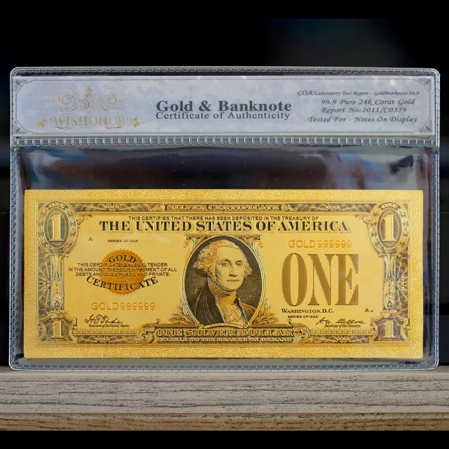 100mg 24K Gold 1928 $1 One Dollar Bill Gold Certificate Banknote with White COA