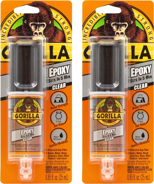 Gorilla 2 Part Epoxy, 5 Minute Set, .85 Ounce Syringe, Clear, (Pack of 2)