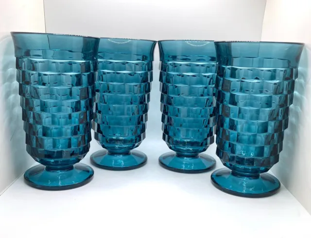 Vintage Riviera Blue Whitehall Colony Indiana Glass Footed MCM Iced Tea Set Of 4