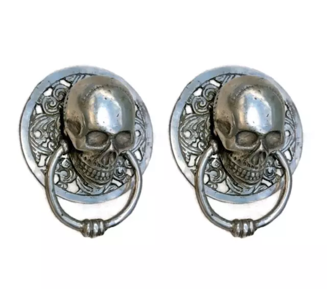 2 SILVER round SKULL head ring pull Handle BRASS 7.5 cm day of the dead cabinetB