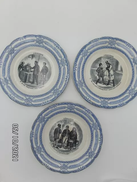 3 Assiettes parlantes "  l Electeur " HB  Choisy le Roi