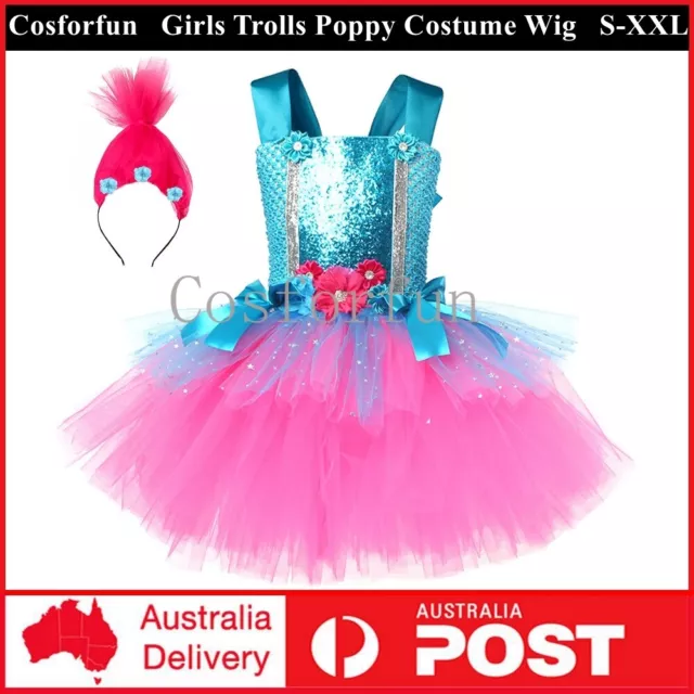 Kids Girls Trolls Poppy Costume Wig Trolls Princess Dress Up Cosplay Book Week