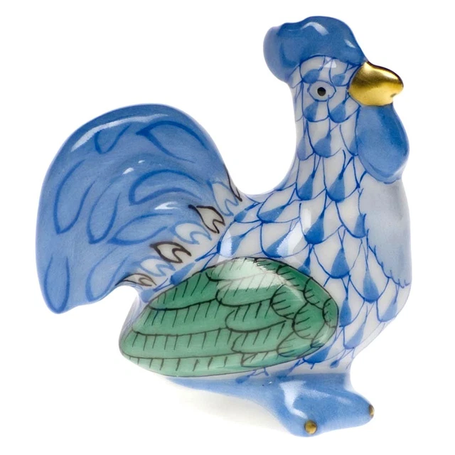Herend Miniatures Collection, Rooster Porcelain Figurine, Blue Fishnet