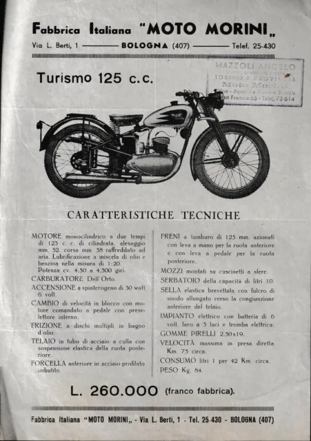 Moto Morini Modello 125 cc. Turismo - Volantino Flyer d'Esordio