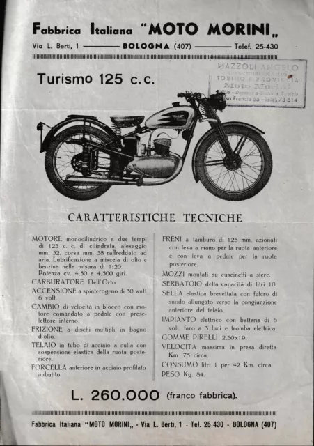 Moto Morini Modello 125 cc. Turismo - Volantino Flyer d'Esordio Moto Morini Modello 125 cc. Turismo - Volantino Flyer d'Esordio