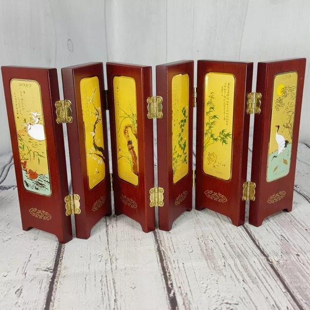 Oriental 24k Gold Plated Wood Folding 12 x 5" Mini Screen Seasons Tabletop Decor