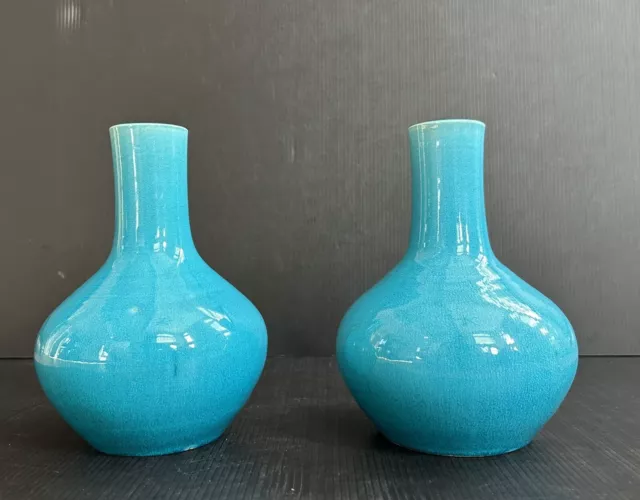 Pair Antique / VTG Chinese Monochrome Turquoise Glazed Bottle Vases