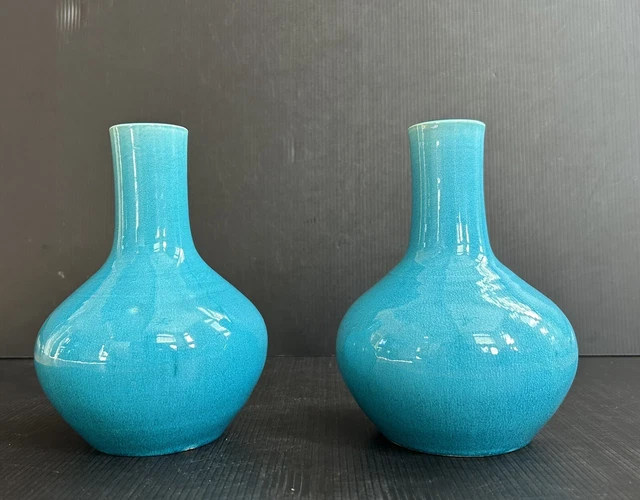 Pair Antique / VTG Chinese Monochrome Turquoise Glazed Bottle Vases