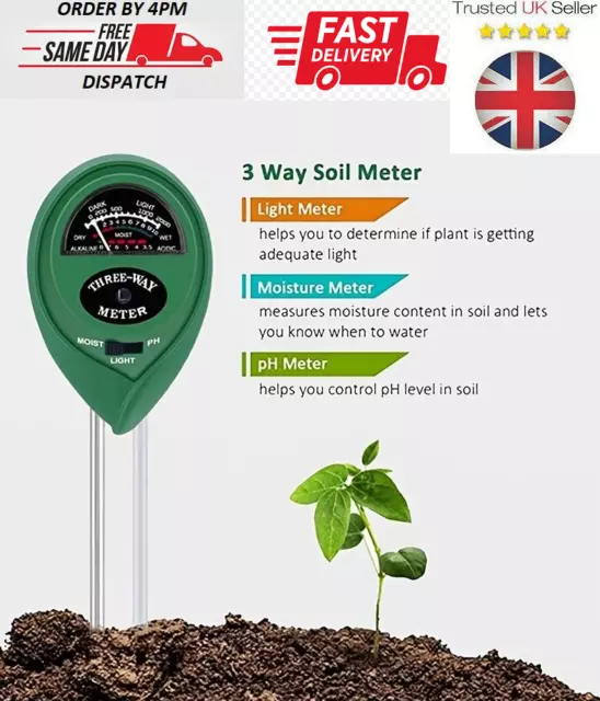 Soil PH Tester Water Moisture Light Test Meter Flower Plant Garden Kit UK 3-in-1