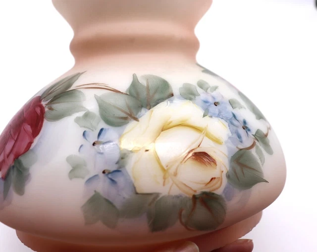VTG 6.5 In Fitter Peach Pink Milk Glass With Hand Painted Roses Hurricane Shade 7