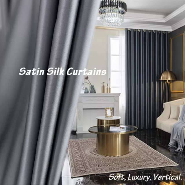Soft Satin Silk Curtains Eyelet Blackout Thermal Ring Top Curtain Drapes Bedroom