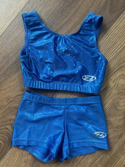 Gymnastics Crop Top & Shorts Leotard Set Separates, Blue Shiny Diamanté - UK 28”