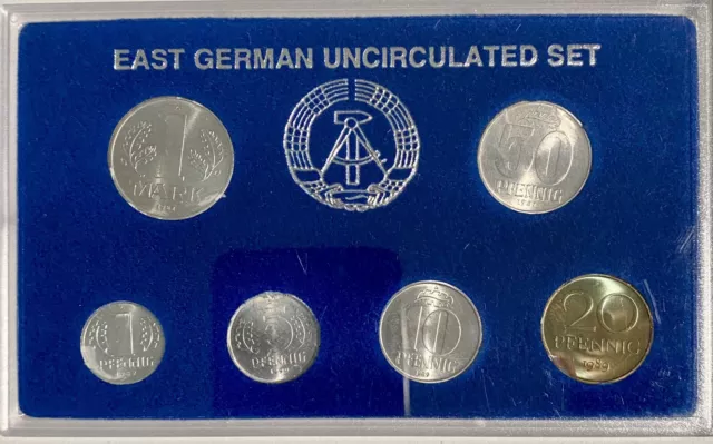 East Germany Uncirculated Set Of 6 Coins 1,5,10,20+50 Pfennigs And A 1 Mark Coin