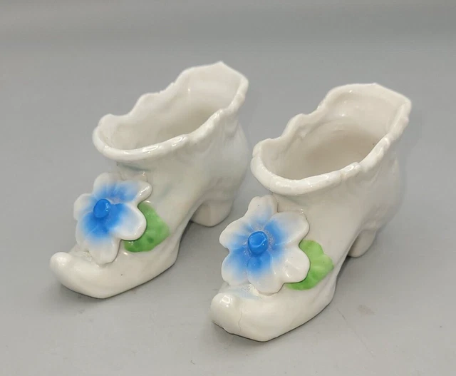 Vintage 2 Small Porcelain Ceramic Figurine Shoe Blue Flower Iridescent Glaze