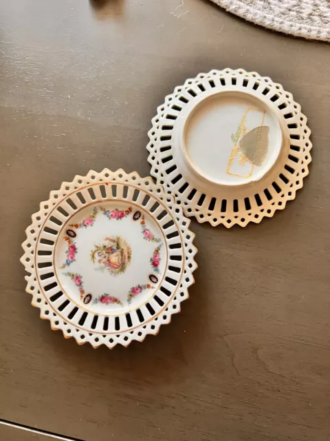 Vintage Schumann Bavaria Chateau Dresden Flowers Reticulated Plates (2 Pc) 2