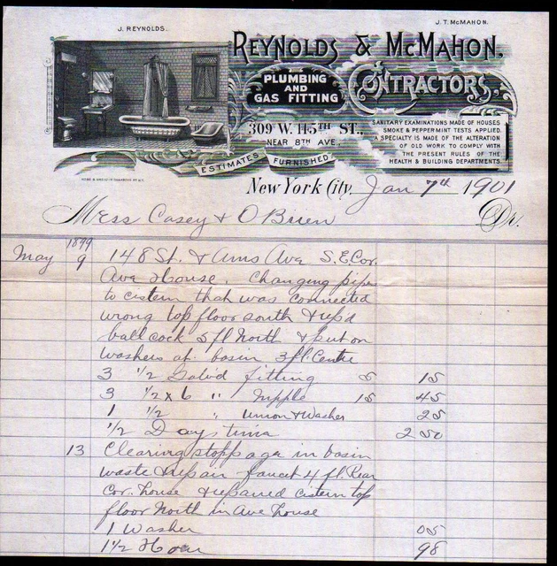 1901 Reynolds & McMahon Contractors  - Plumbing & Gas New York Letter Head Bill