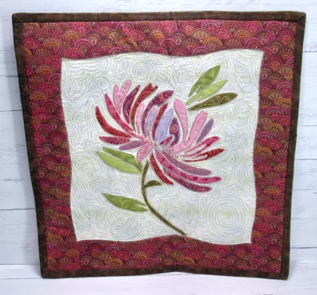 Artisan Handmade Wall Art Quilt Pink Green Applique Flower Sewn Pattern Folk