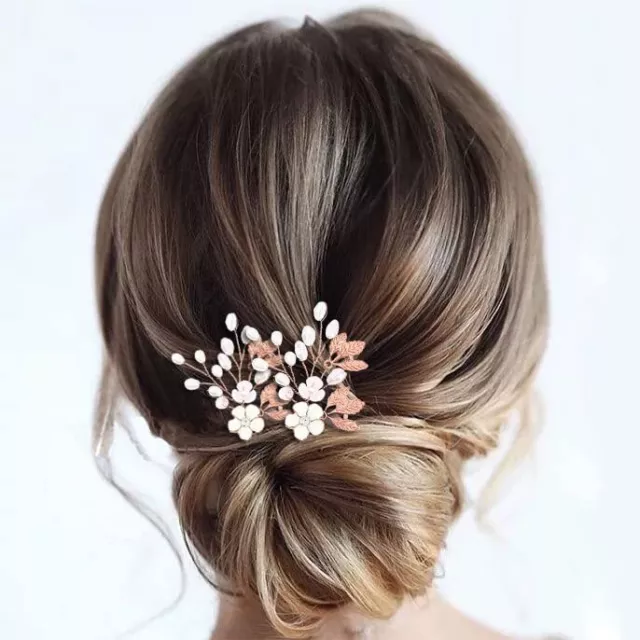 Bride Wedding Hair Pins Rose Gold Flower Hair Pieces Pearl Crystal Hair Clip