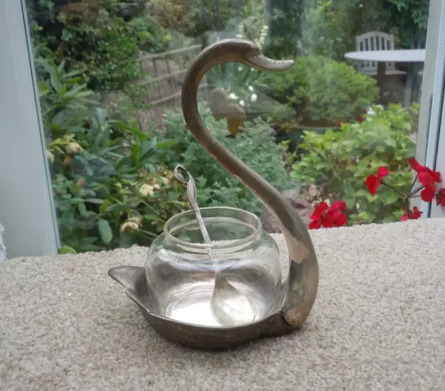 Vintage Elegance Silver Plated Swan Jam Pot With Spoon