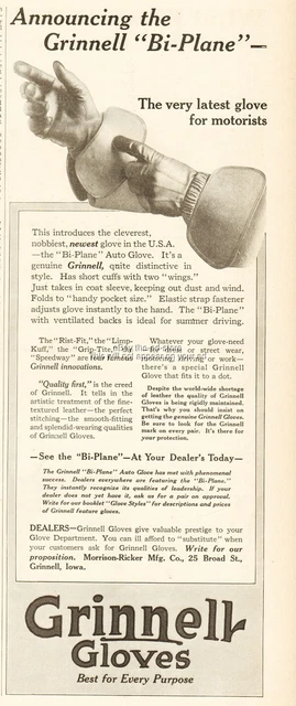 1917 Grinnell Biplane Gloves Morrison Ricker Iowa Driving Motoring Auto Glove Ad
