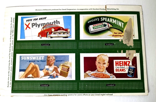 Lionel Trains Billboards 1952, Original Uncut, Advertising Sunsweet, Plymouth
