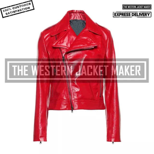 Women Vinyl Crop Biker Jacket Women Patent Motorcycle Jacket Red Latex Jacket