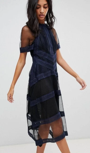 All Saints Selma Midi  Black and Navy Lace Dress Size UK 12