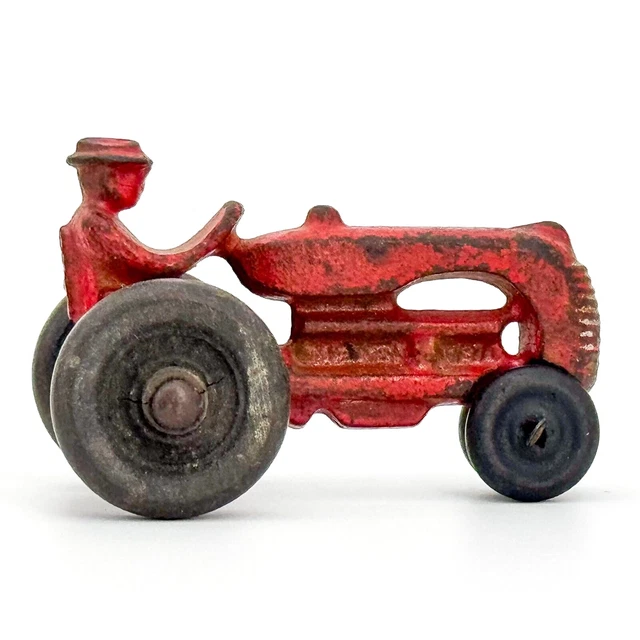 VTG SMALL 2.75& Red Cast Iron Toy Farm Tractor w/ Driver Rubber Tires