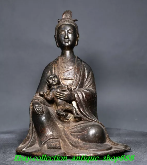 9" Old Chinese Bronze Gilt Seat Tongzi Guanyin KwanYin Goddess Buddha Statue