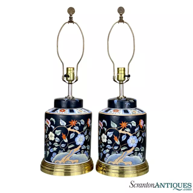 Vintage Chinese Famille Noire Porcelain Ginger Jar Urn Table Lamp - A Pair