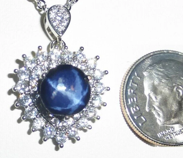 Star Sapphire Blue 9mm ROUND 6 point HEART Double HALO Pendant 925 18" Necklace