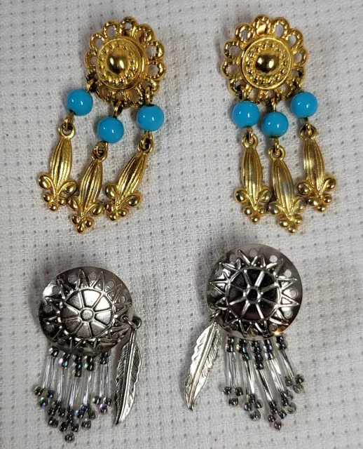 Stunning Southwest Native American Shield Feathers Dangle Earrings Lot 2 Pair!