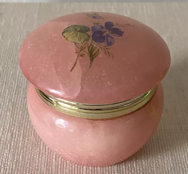 Rose Quatrz Hinged Trinket Box wirh Violet Flower Appliqué Round 2"