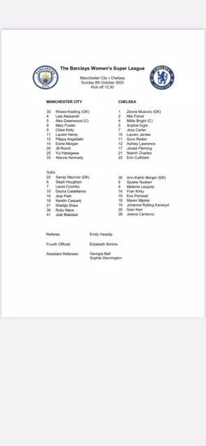 Man City FC Women v Chelsea FC Team Sheet (Season 2023-2024)