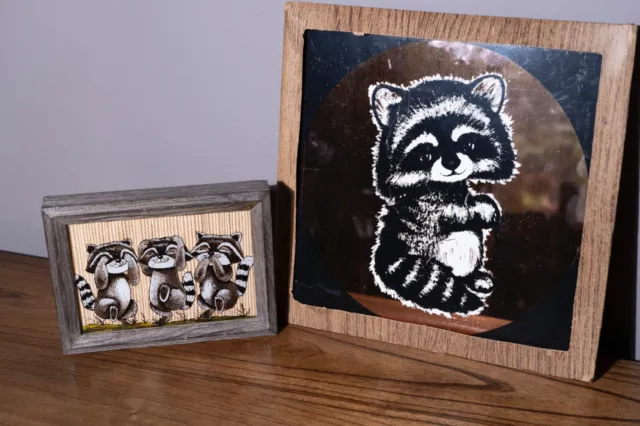Raccoon Lot -12in Raccoon Mirror 8x6 BANMAN signed reverse painted glass 2pc Lot