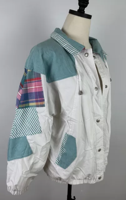 Vintage 90s Patchwork Windbreaker Jacket M Jewel Tone Plaid Stripe Grandma STAIN