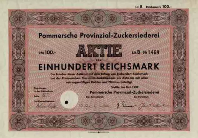 Pommersche Zuckersiederei 1939 Stettin Szczecin Pommern Mannheim Itzehoe 100 RM