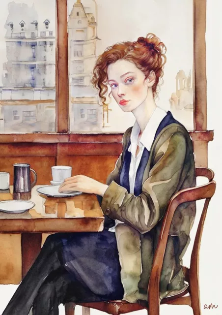 Tableau  création originale - Portrait Jeune femme à la table du bistro à paris