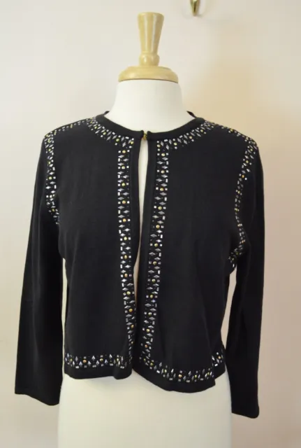 Calvin Klein L Black Studded Edge Trim Open Cardigan 3/4 Sleeve Cropped Sweater