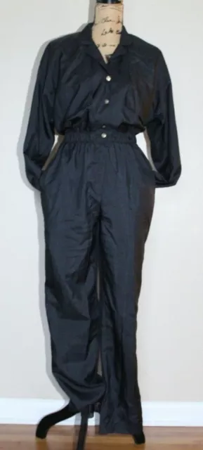 Vintage 80s Saint Germain Paris Black Long Sleeve Polyester Jumpsuit Women's S/M