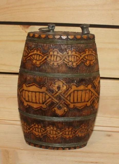 Vintage hand made folk pyrography wood brandy flask keg