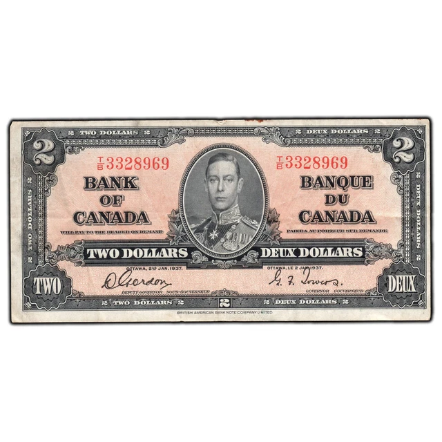 $2 1937 Bank of Canada Note Gordon-Towers T/B Prefix BC-22b - Border Stain